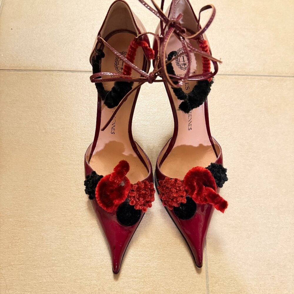 Les Tropeziennes heel with embellishments, size 39, deep red with angle strap.